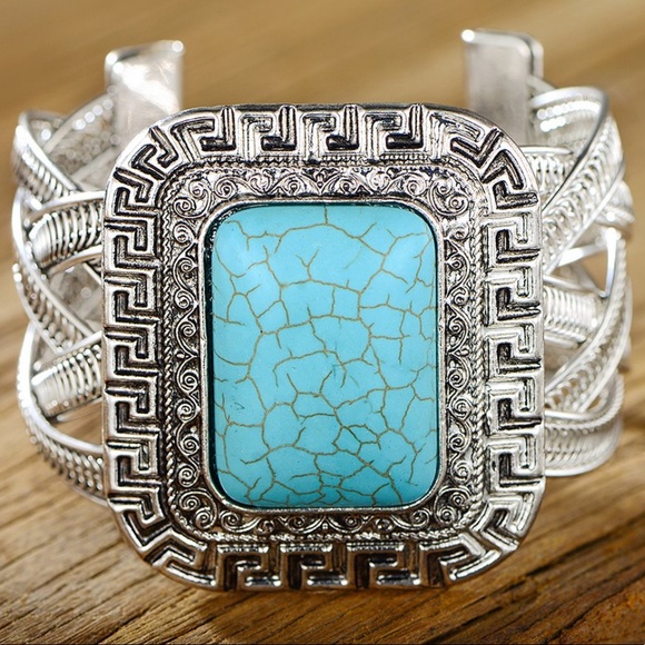 Sevil Designs- Greek Key Cuff- Reconstituted Turquoise Silvertone bracelet. NWT - Picture 2 of 3